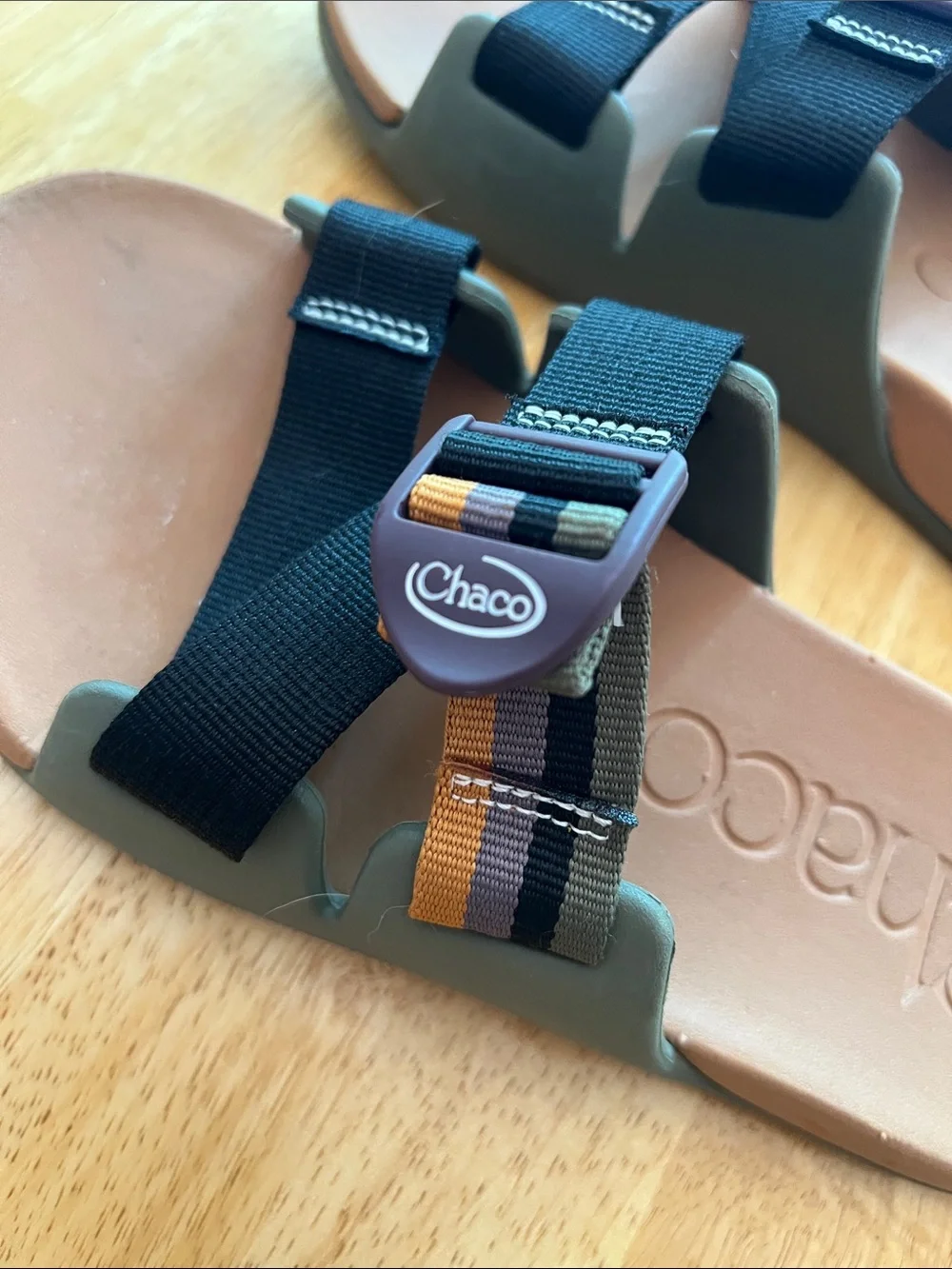 Chaco Brown Footbed Slide Sandals with Black Straps and brown Buckles